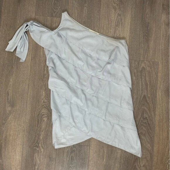 BCBG Women's Mini Dress Tiered Layered Ruffle One Shoulder Tie Sleeve Pale blue - Picture 8 of 16